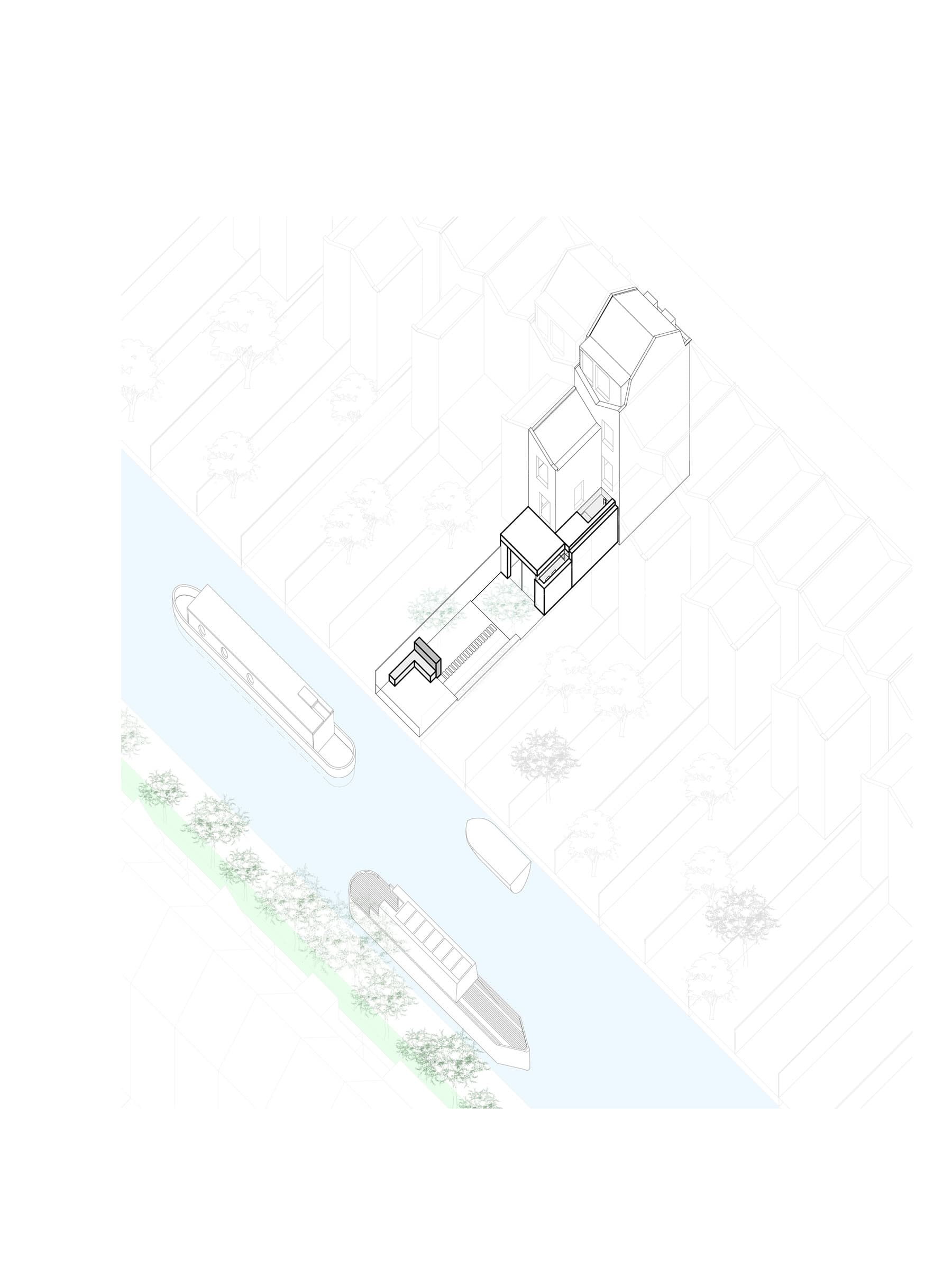 An axonometric drawing showing the canal-side setting.