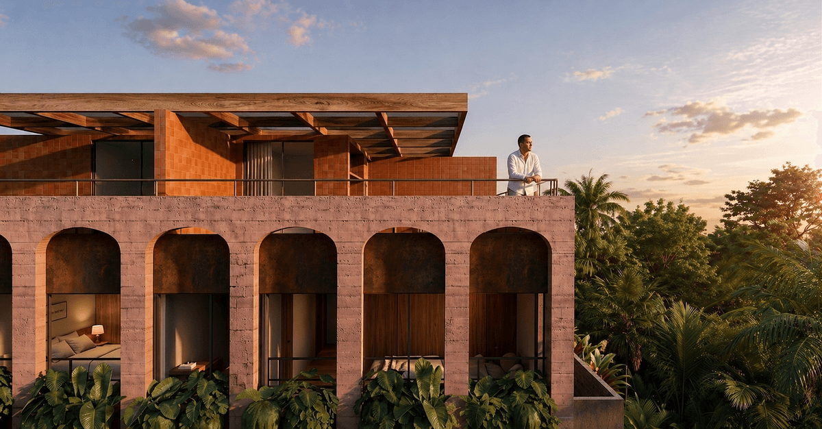 Architectural visualisation: an open roof terrace sits above the arched façade.