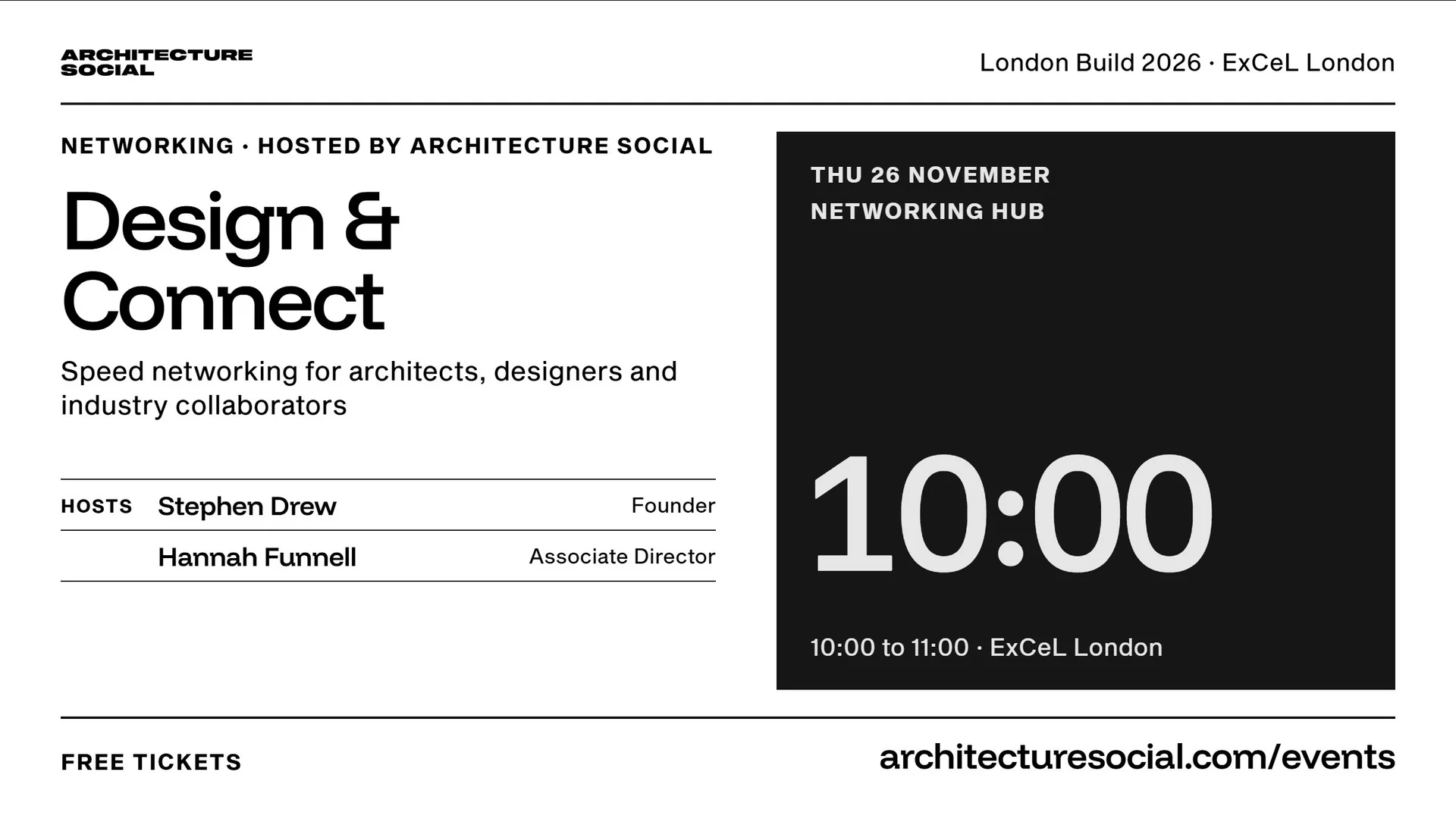 Networking cover: Design & Connect, speed networking for architects, designers and industry collaborators. Thursday 26 November, 10:00, Networking Hub, ExCeL London. Hosted by Stephen Drew and Hannah Funnell.