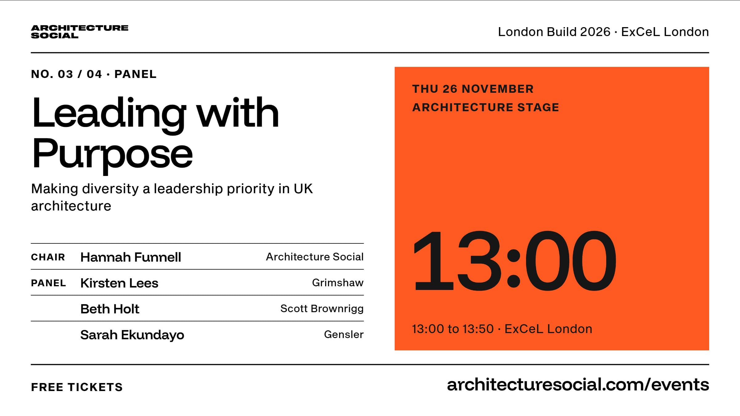 Panel cover: Leading with Purpose, making diversity a leadership priority in UK architecture. Thursday 26 November, 13:00, Architecture Stage, ExCeL London. Chaired by Hannah Funnell with Kirsten Lees, Beth Holt and Sarah Ekundayo.