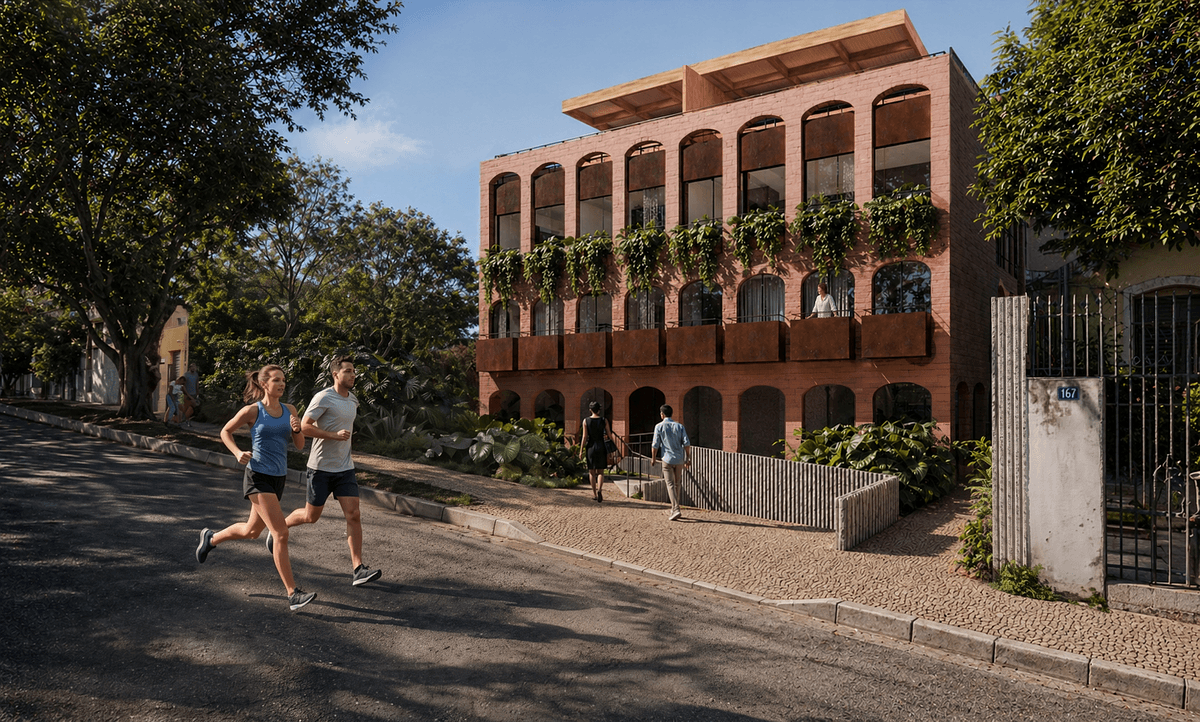 Architectural visualisation: the proposed arched façade and planted terraces facing the street.