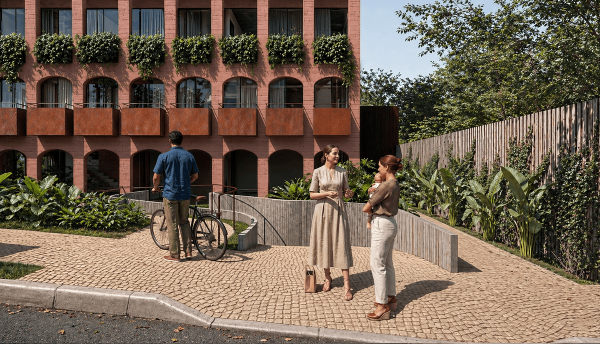 Architectural visualisation: the landscaped setback and street-facing arcade create a shared threshold.