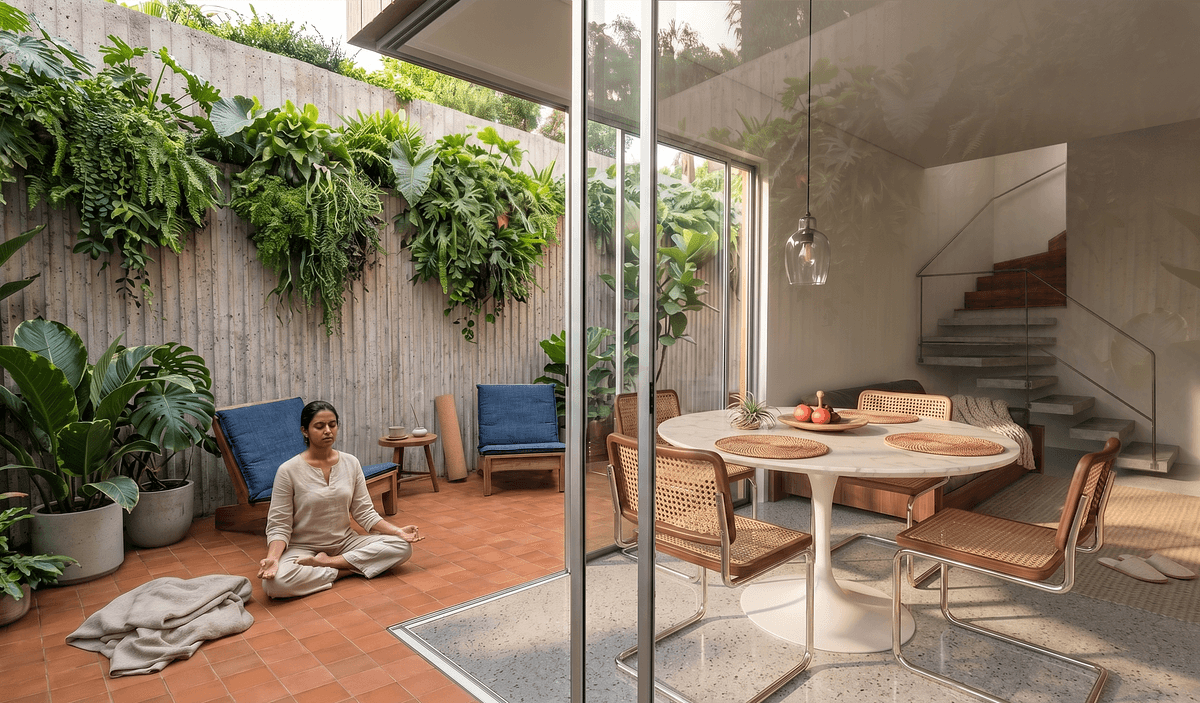 Architectural visualisation: a private terrace opens directly from a living and dining space.