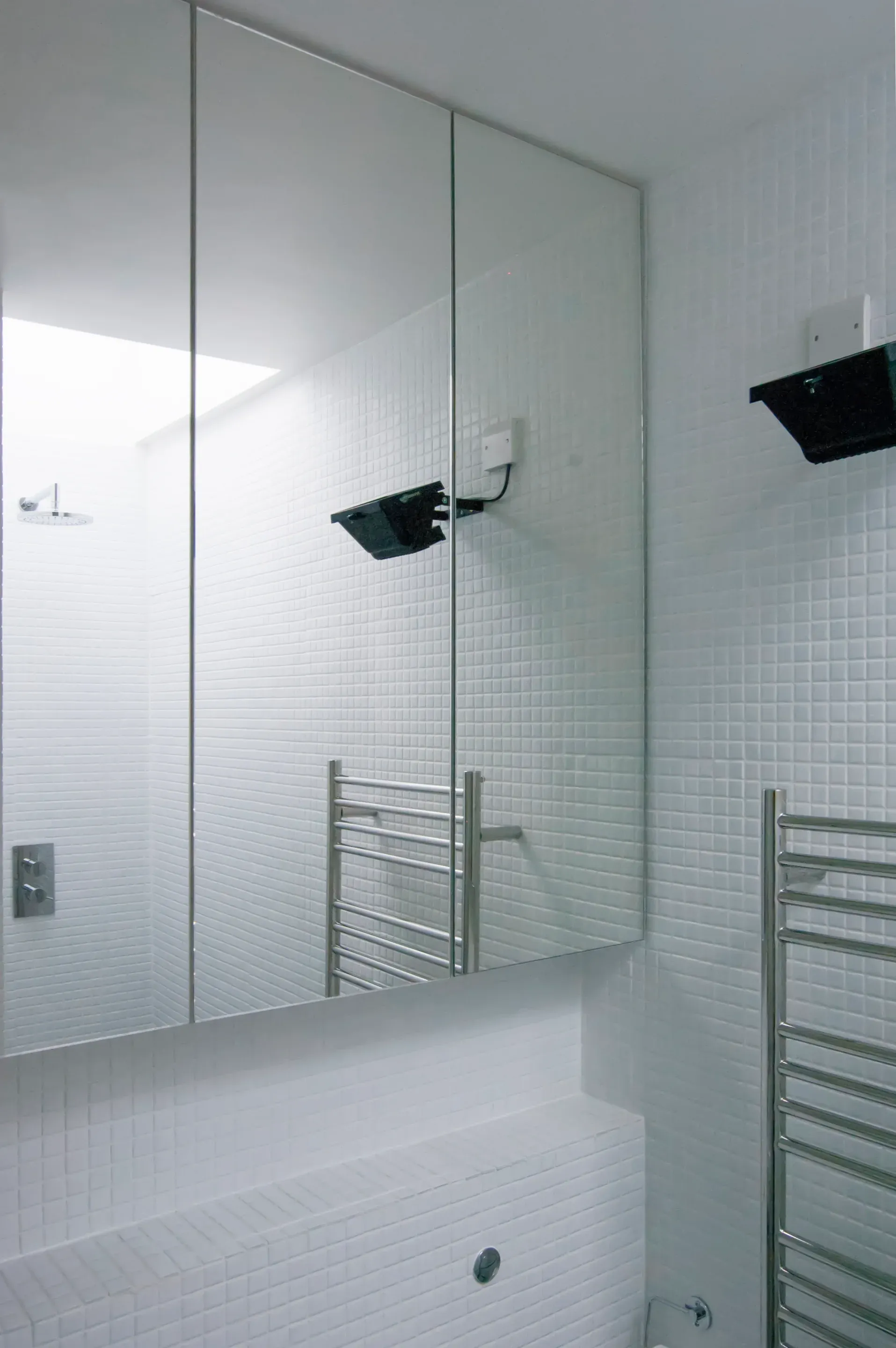 A mirrored wall reflects the rooflight above the bathroom.
