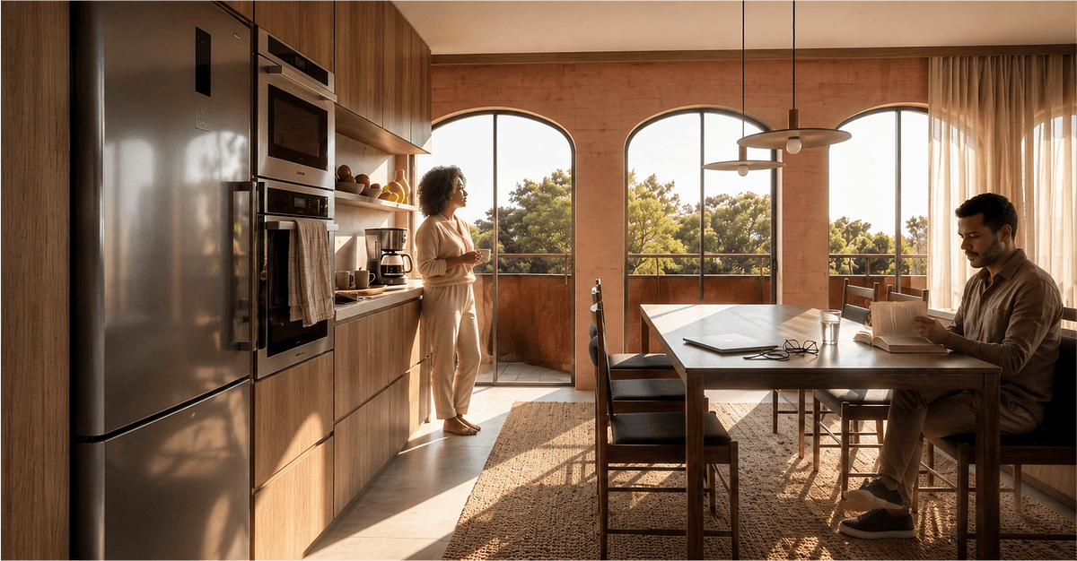 Architectural visualisation: a timber-lined living space opens towards an arched terrace.