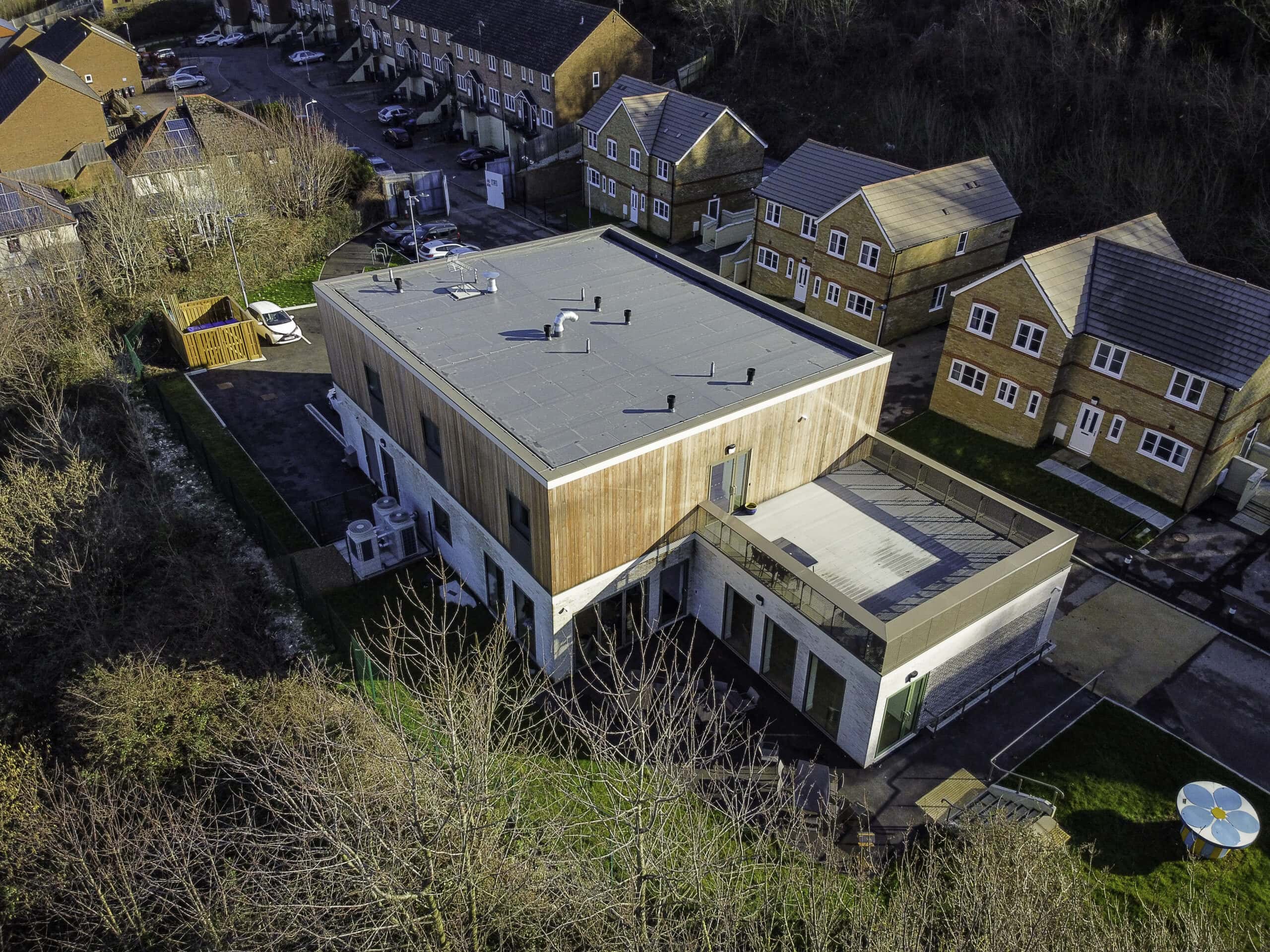 Aerial view of the completed buildings.
