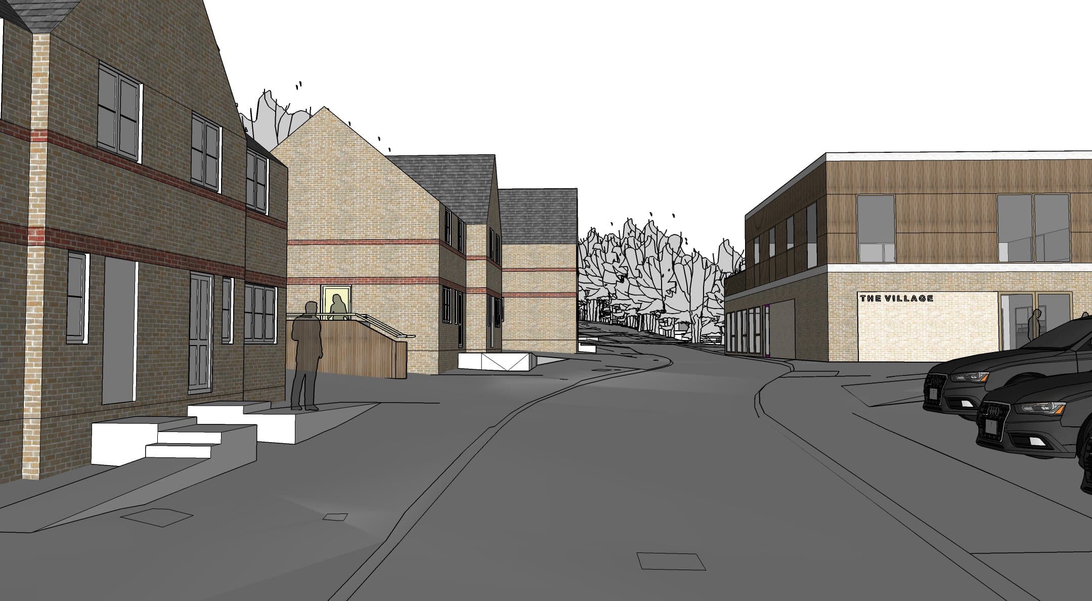 Architectural visualisation of the buildings from the street.