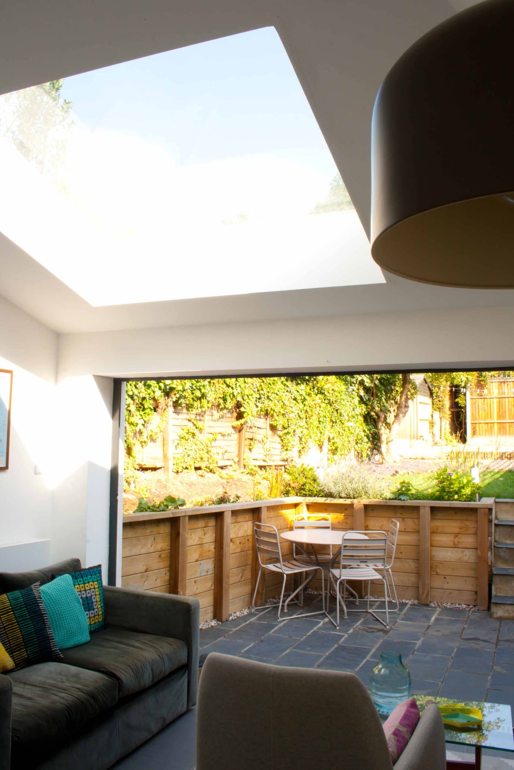 Interior below roof glazing looking towards the garden.