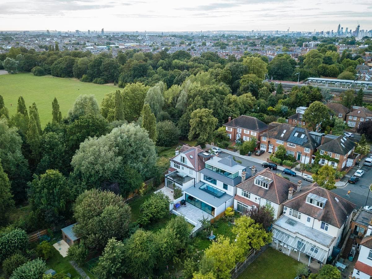 Aerial view of the house and garden.