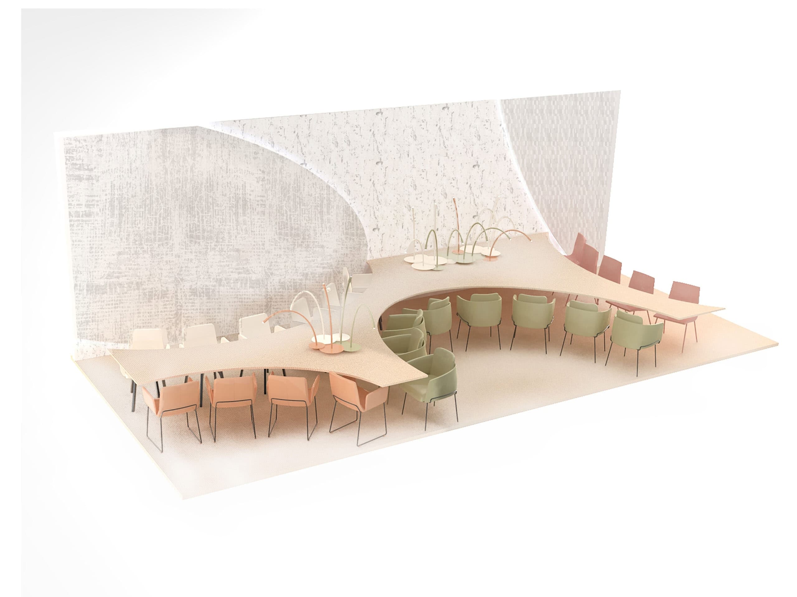 Axonometric visualisation of the interior and tables.