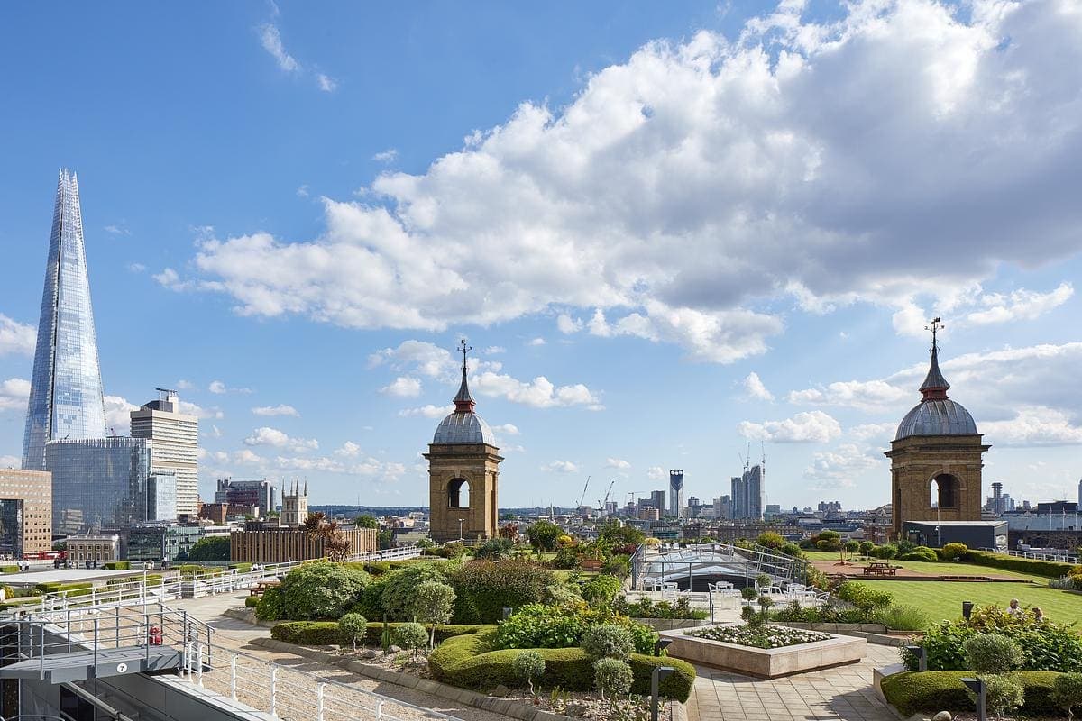 Roof terrace overlooking the city skyline.