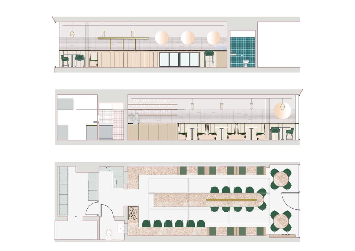 Plan and elevation drawings of the interior.