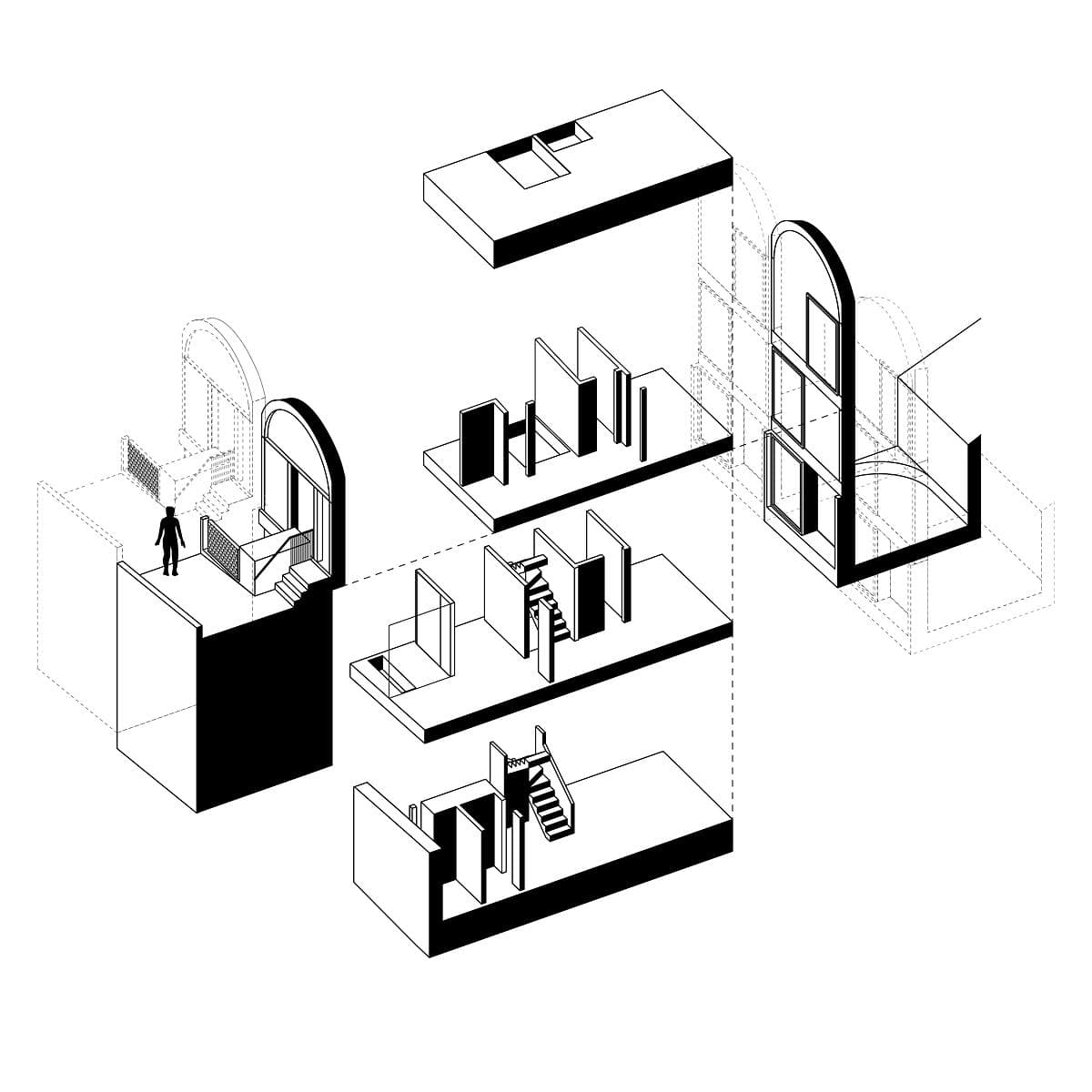 Diagram: exploded isometric view of multi-level structure with arches and human scale reference.