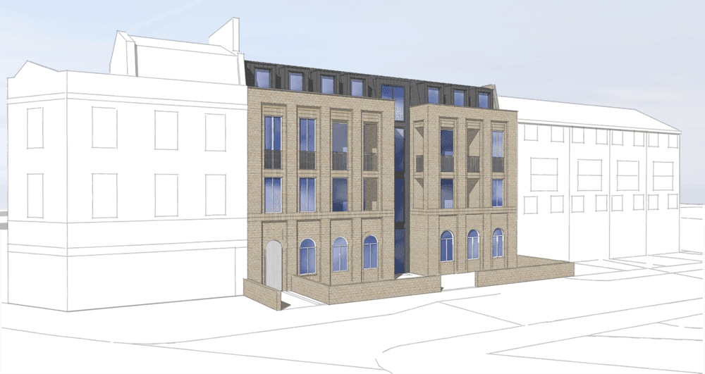 Modern urban building complex blending traditional and contemporary design elements with large windows.