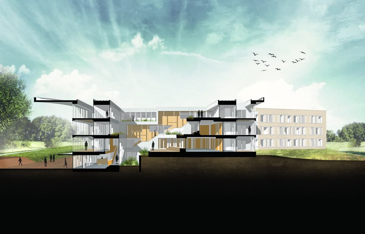Visualisation: modern healthcare clinic with three floors, open spaces, and natural surroundings.