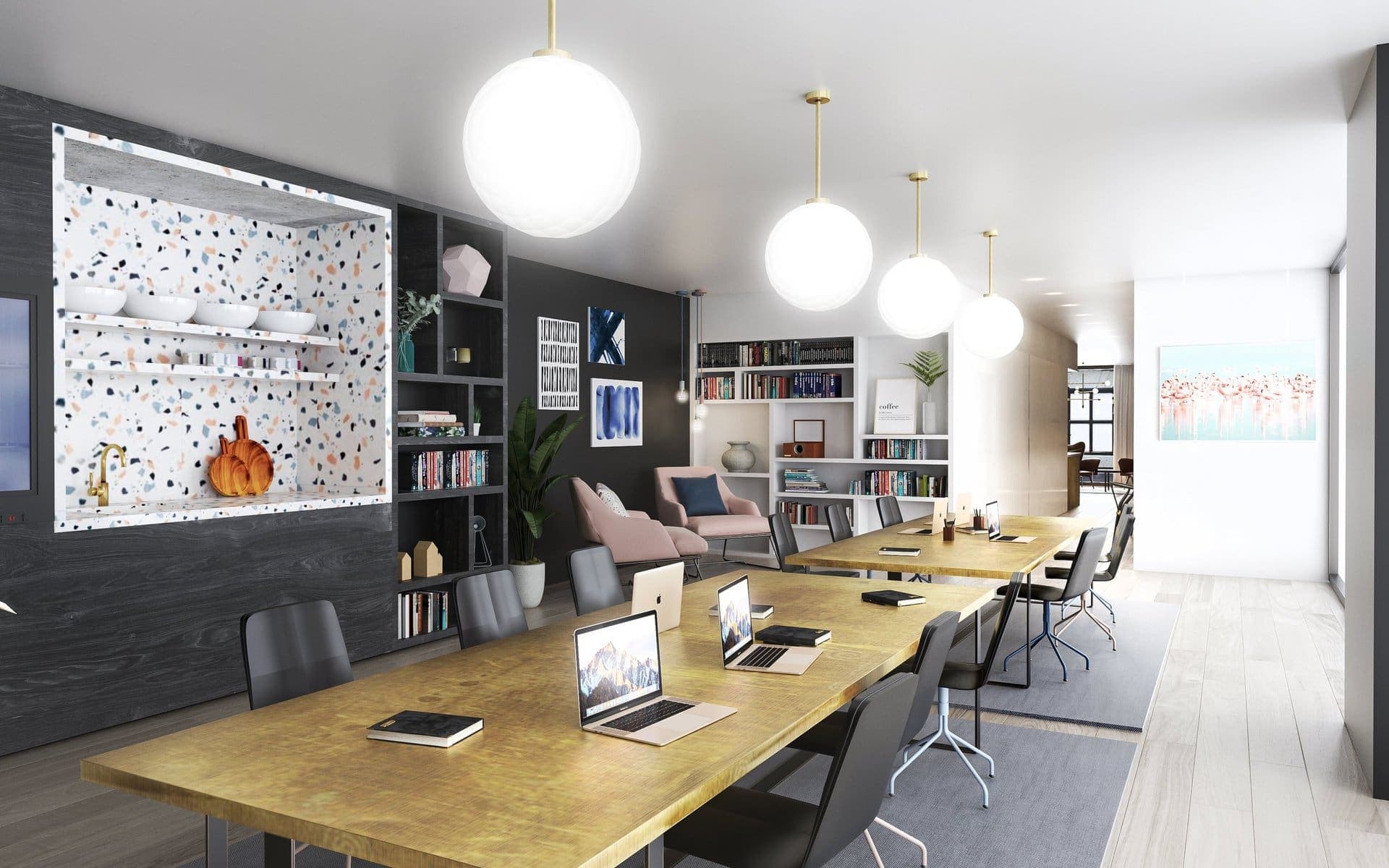 Visualisation: modern open-plan office with collaborative workspace, cozy reading nook, and natural light.