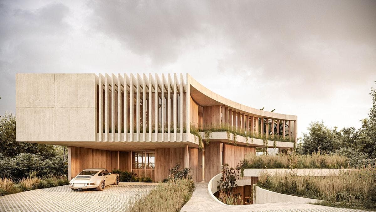 Visualisation: modern house design harmonising architecture and nature with elegant landscaping.
