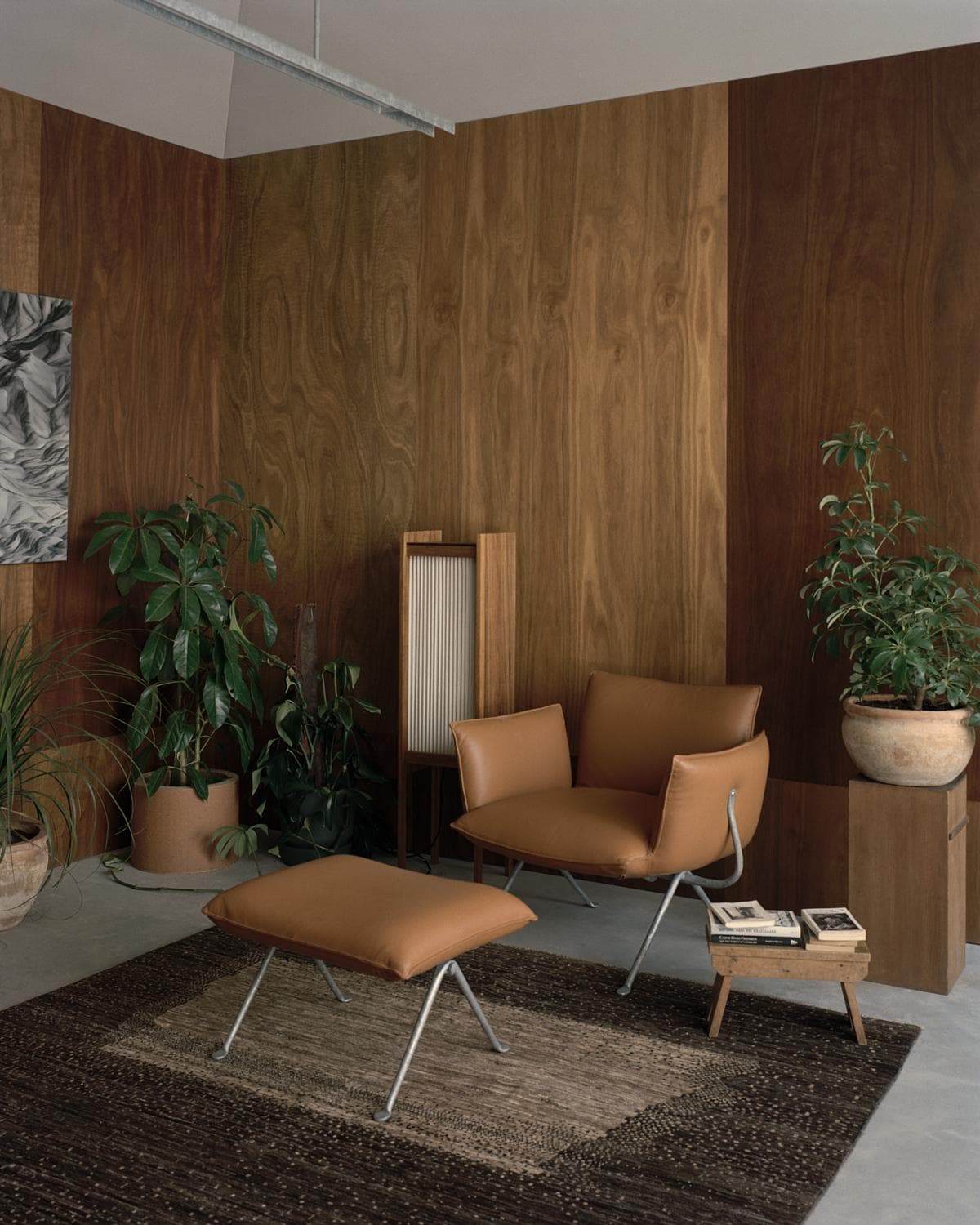 Warm contemporary lounge featuring earthy wood accents and stylish leather seating with greenery.