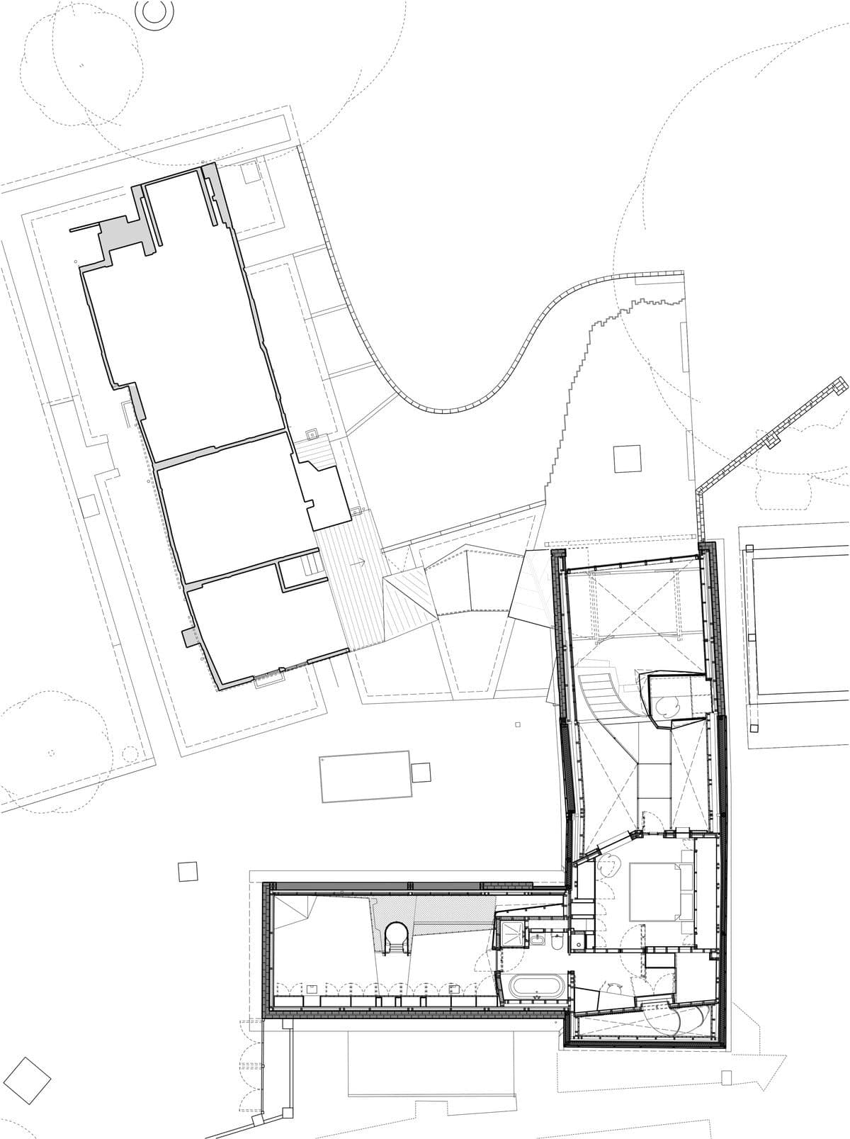 Floor plan: Two connected buildings with pathways and detailed room layouts.