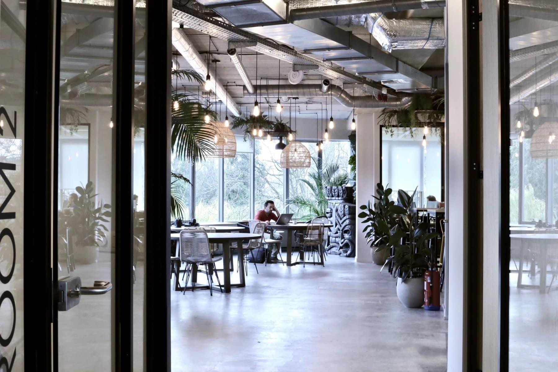 Modern open-concept office with natural light, greenery, industrial design, and collaborative workspace.
