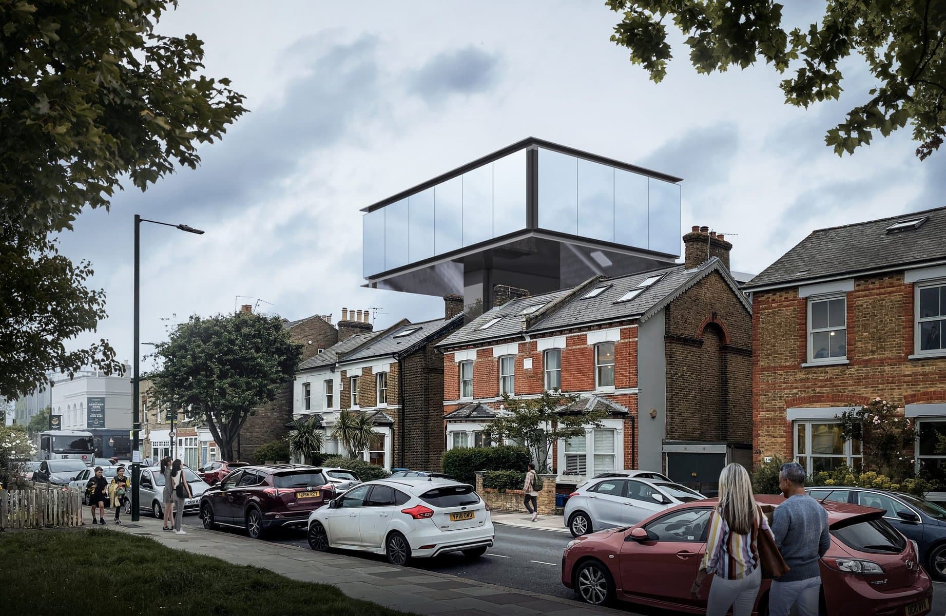 Visualisation: stunning blend of traditional brick houses and modern glass architecture in an urban setting.