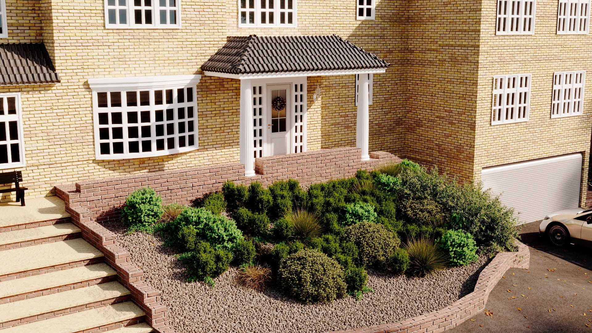 Visualisation: brick house exterior and front garden for Box Lane Residence