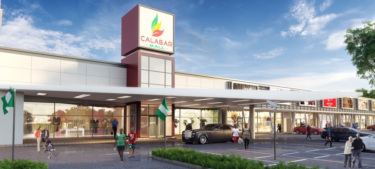 Visualisation: modern exterior of Calabar Shopping Mall with sleek design, spacious driveway, and diverse retail options.