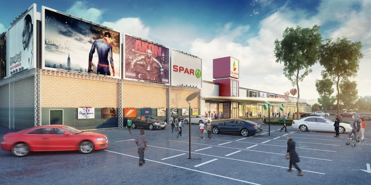 Visualisation: bustling Calabar Shopping Mall with SPAR supermarket, parking lot, and people engaging in activities.