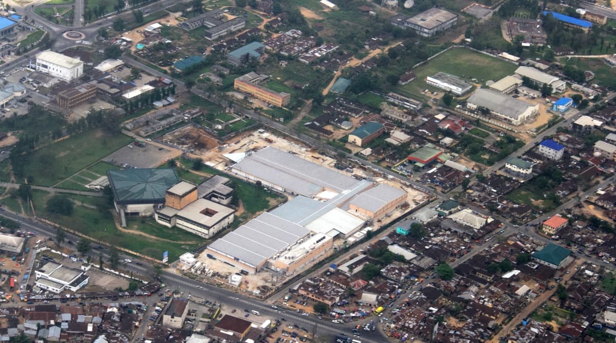 Aerial view of Calabar Shopping Mall in a bustling urban centre.