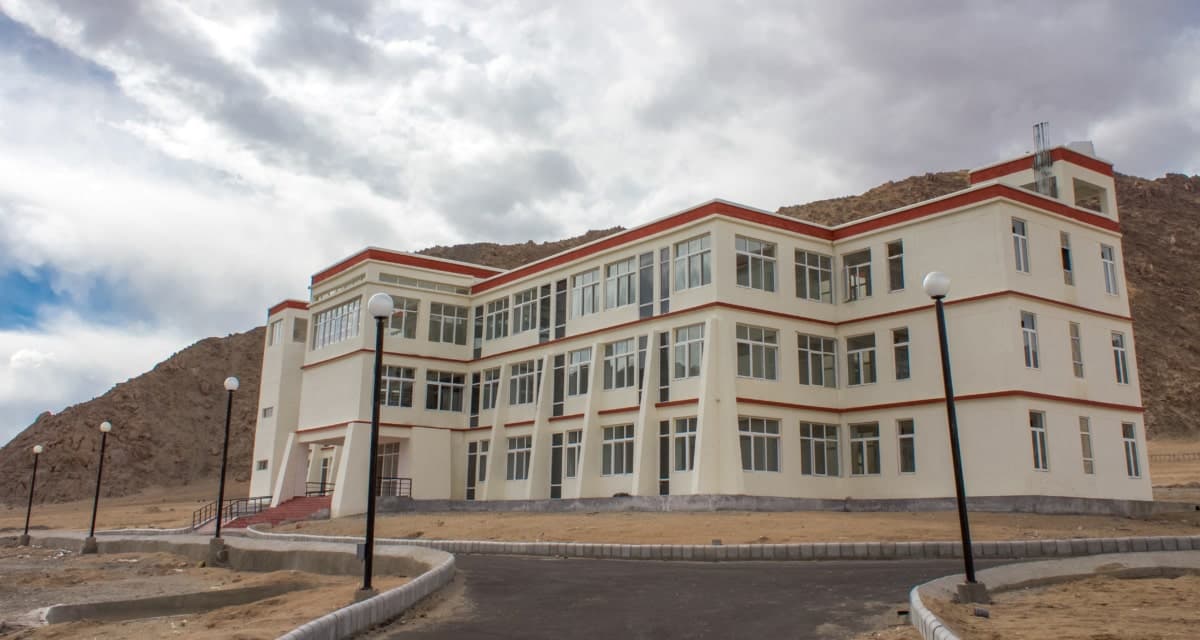 Modern building in arid hills, Leh Satellite Campus, Kashmir University.