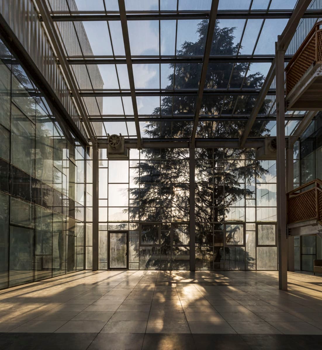 Bright, modern atrium with glass walls and tree, Kashmir University Administration Building.