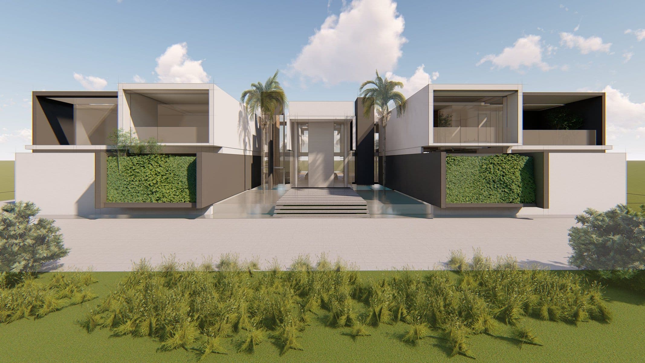 Visualisation: modern symmetrical building with clean lines, green walls, water feature, and tropical landscaping.