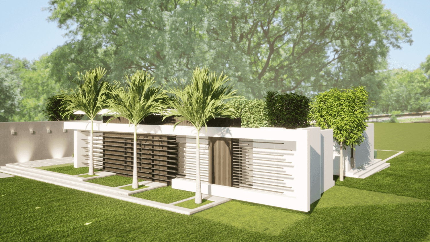 Visualisation: modern single-story house with white walls, large windows, lawn, palm trees, and rooftop garden.