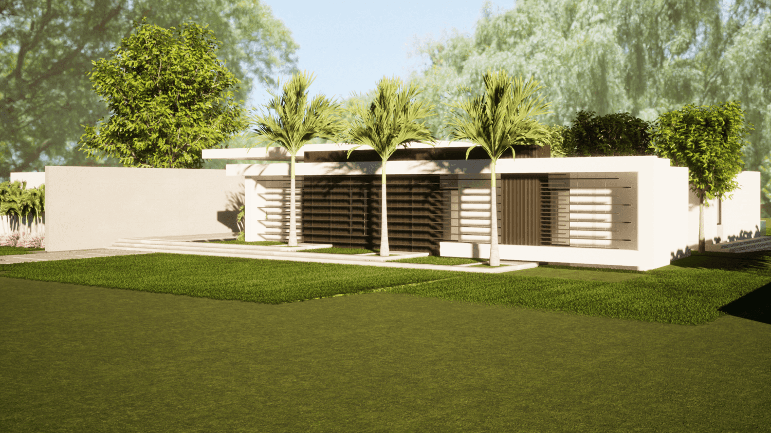 Visualisation: modern single-story house with minimalist design, lush lawn, and palm trees.