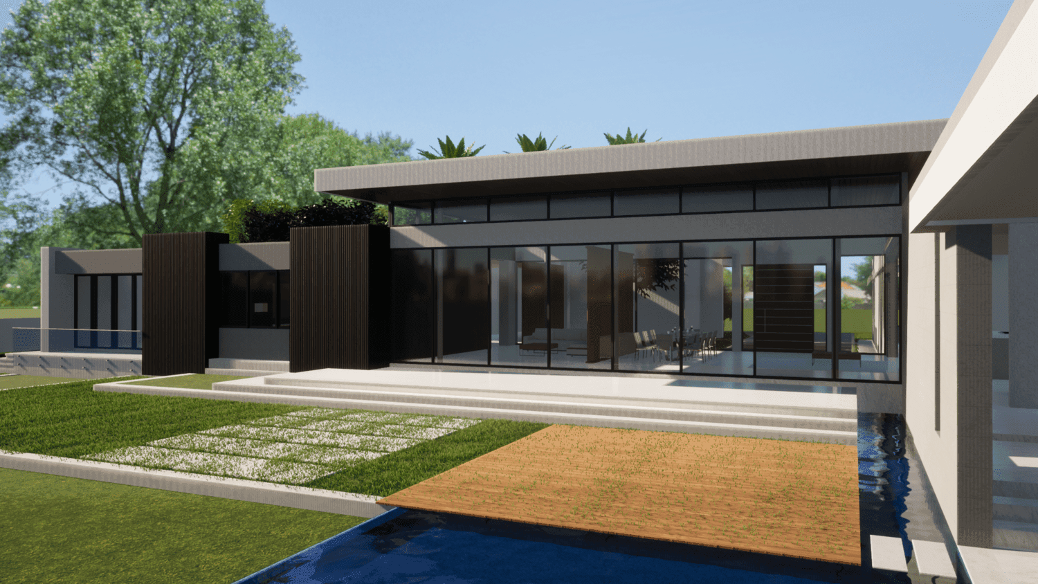 Visualisation: modern single-story house with glass facade, water feature, wooden deck, and lush greenery.