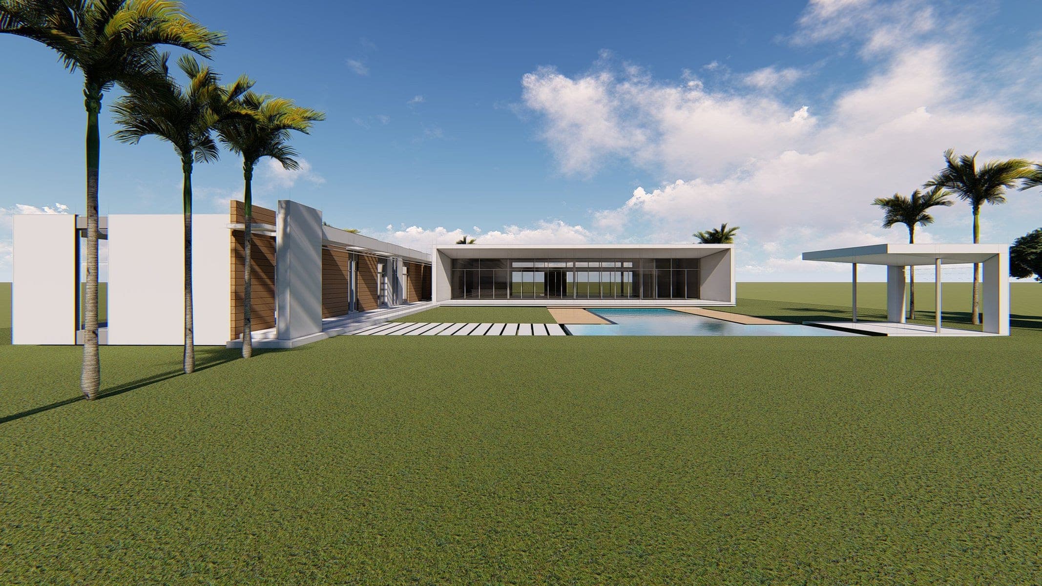 Visualisation: modern single-storey house with pool, patio, lush lawn, and palm trees under a clear sky.