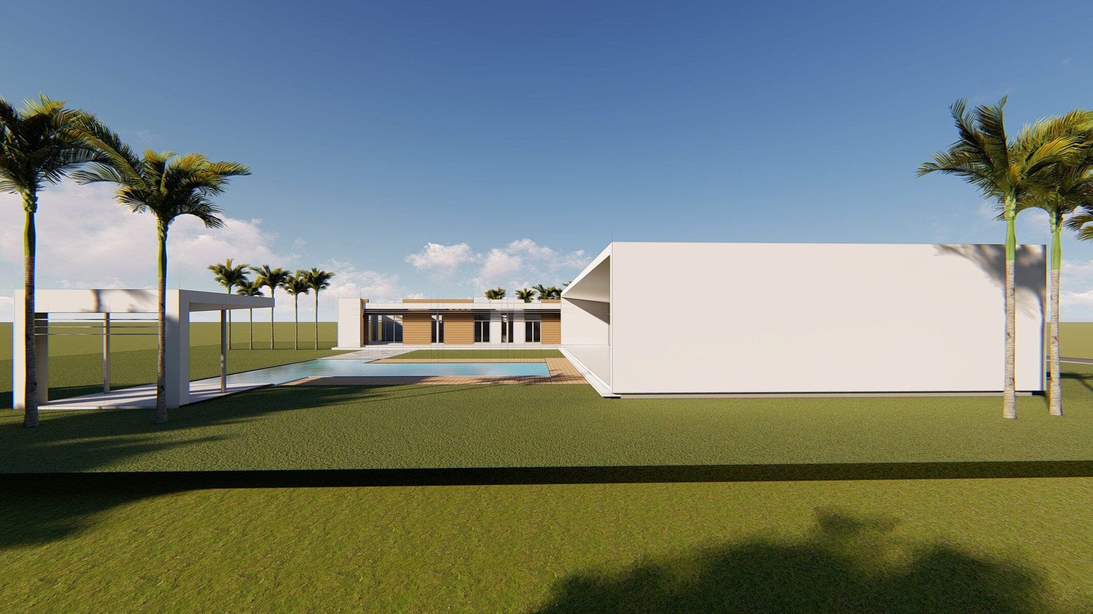 Visualisation: modern white house with pool, palm trees, and elegant entrance in a lush, green setting.