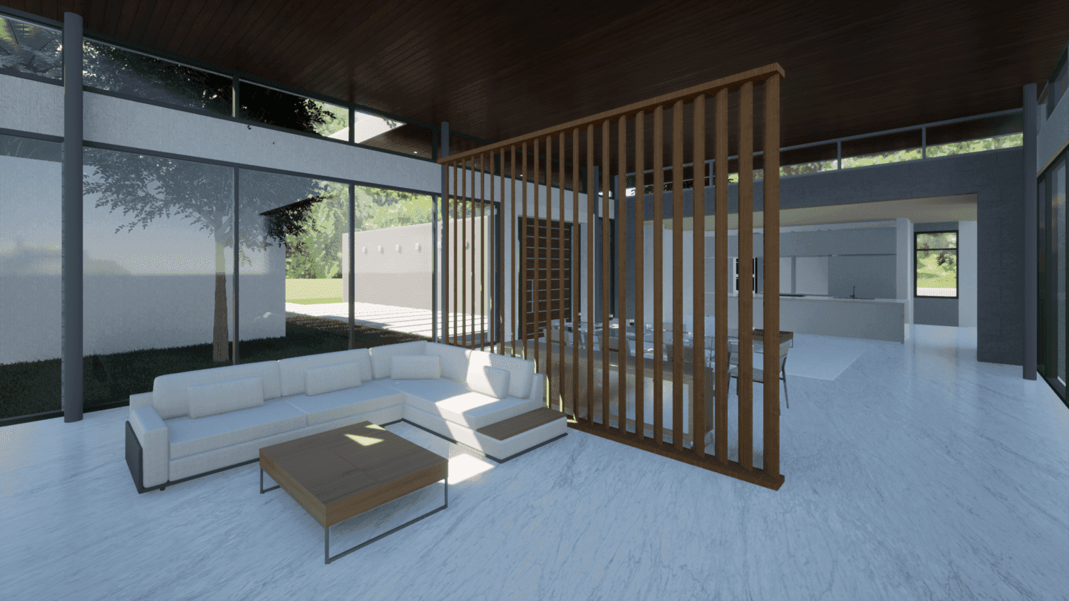 Visualisation: modern open-plan living area with light colours, wooden accents, and large glass windows.