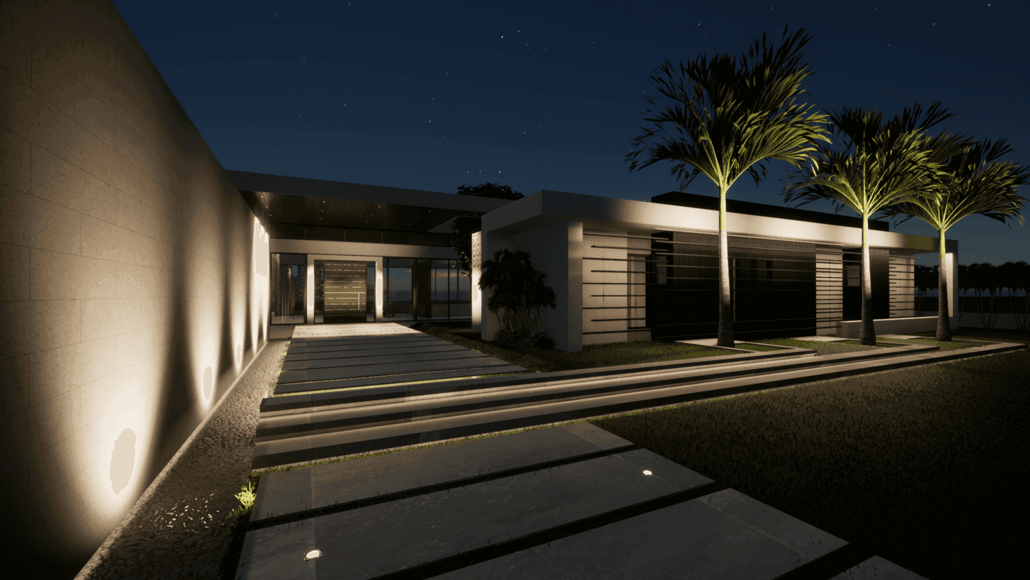 Visualisation: modern luxury residence illuminated at night, showcasing sleek design with palm trees and ambient lighting.