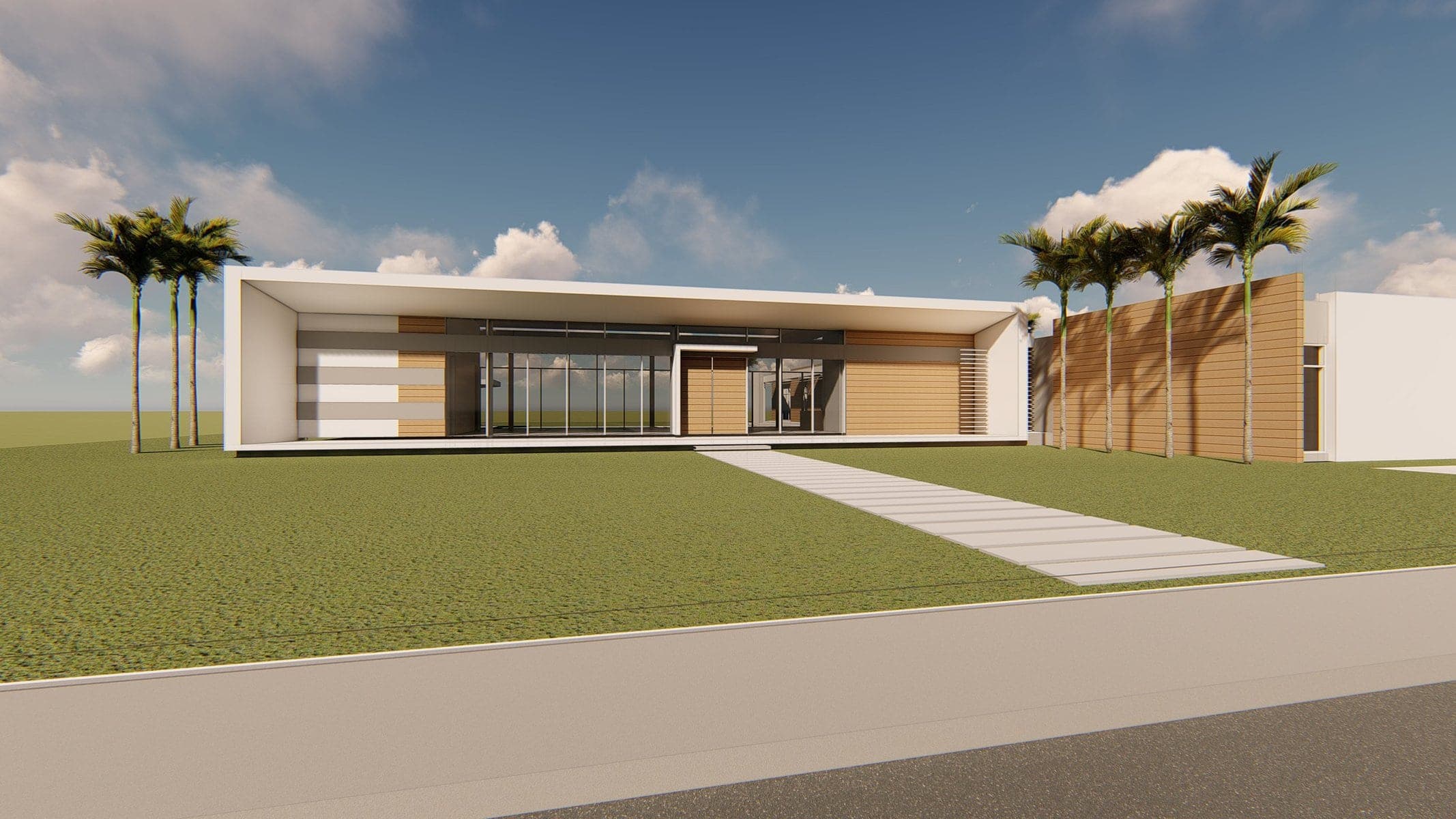 Visualisation: modern single-story house with glass facade, wooden panels, palm trees, and manicured lawn in suburban Florida.