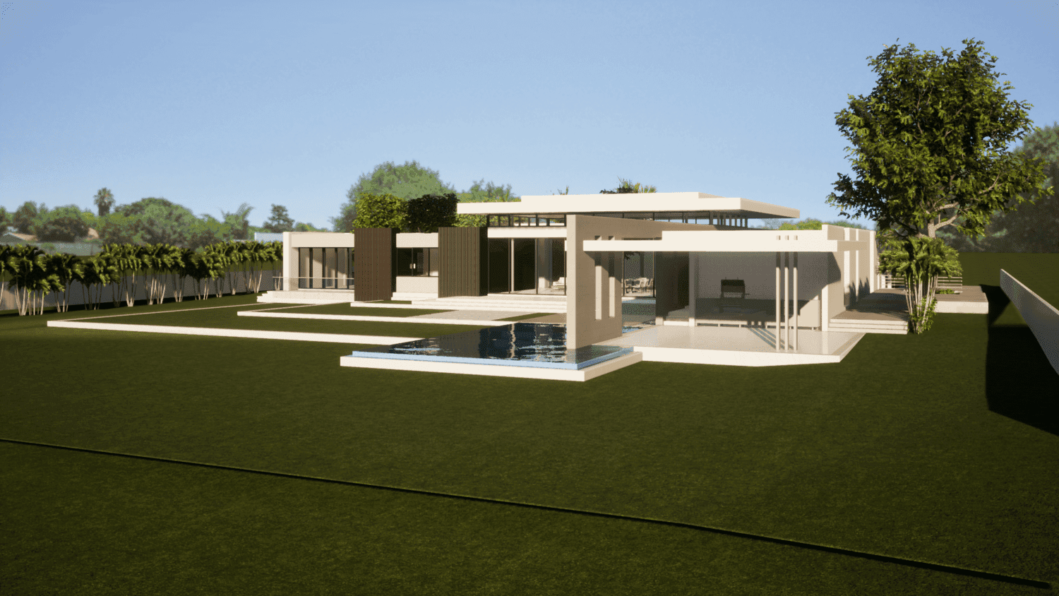 Visualisation: modern minimalist house with pool and spacious lawn in serene setting.