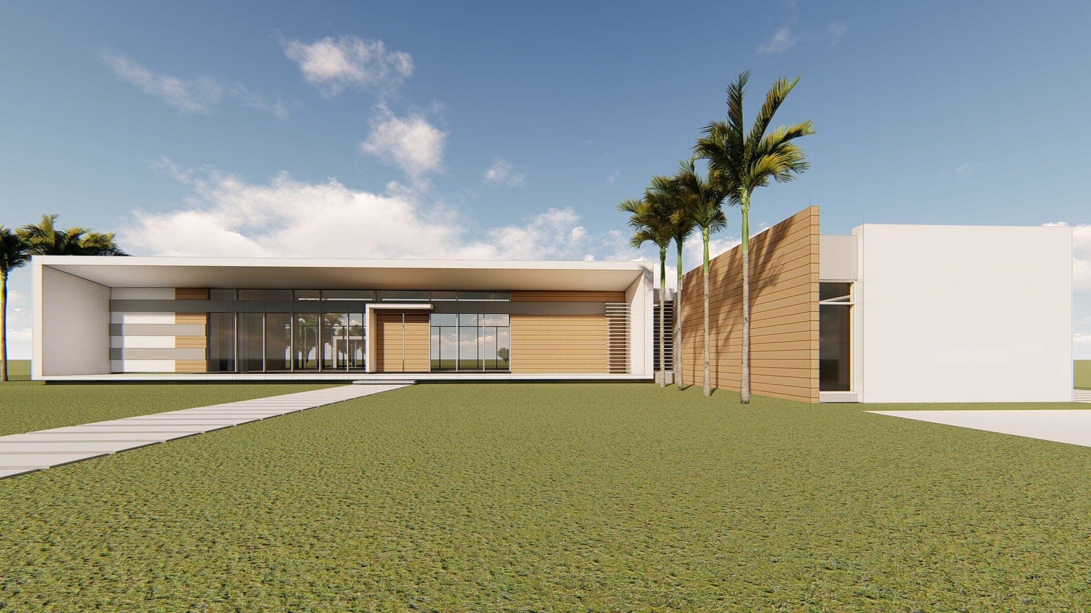 Visualisation: modern one-story house with sleek design, large windows, and landscaped lawn under clear blue sky.