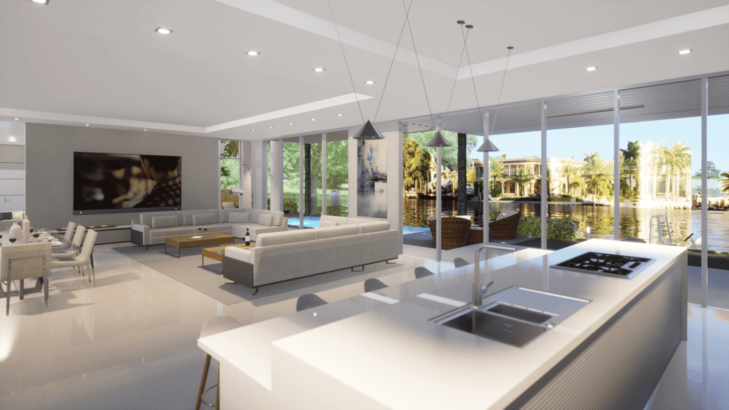 Visualisation: modern open-concept living space with kitchen, large windows, and view of outdoor greenery and pool.