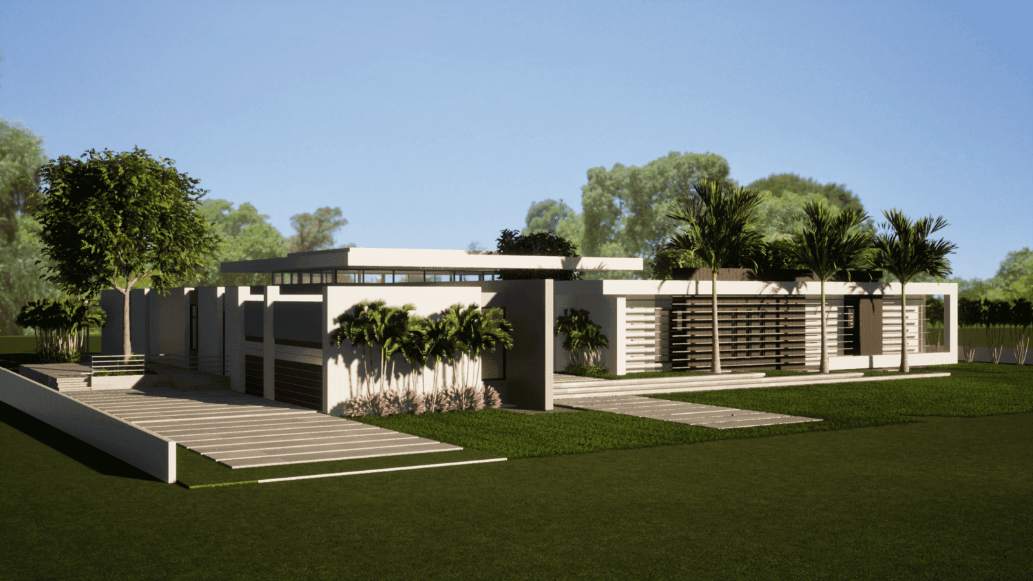 Visualisation: modern single-story building with sleek design, tropical landscaping, and ample natural light.