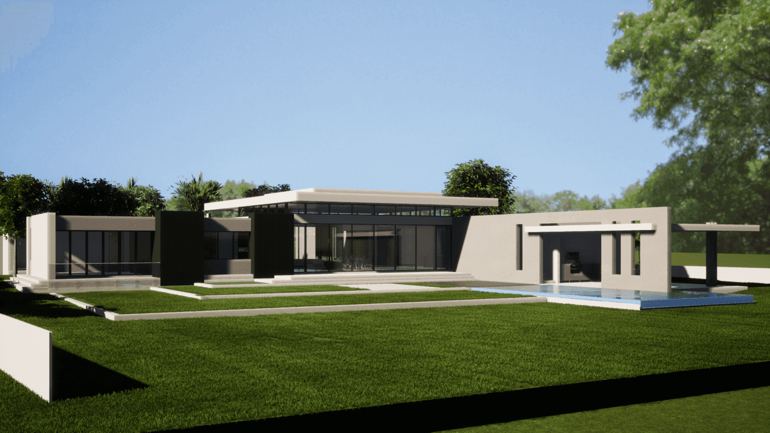 Visualisation: modern single-story house with floor-to-ceiling windows, pool, and spacious lawn.