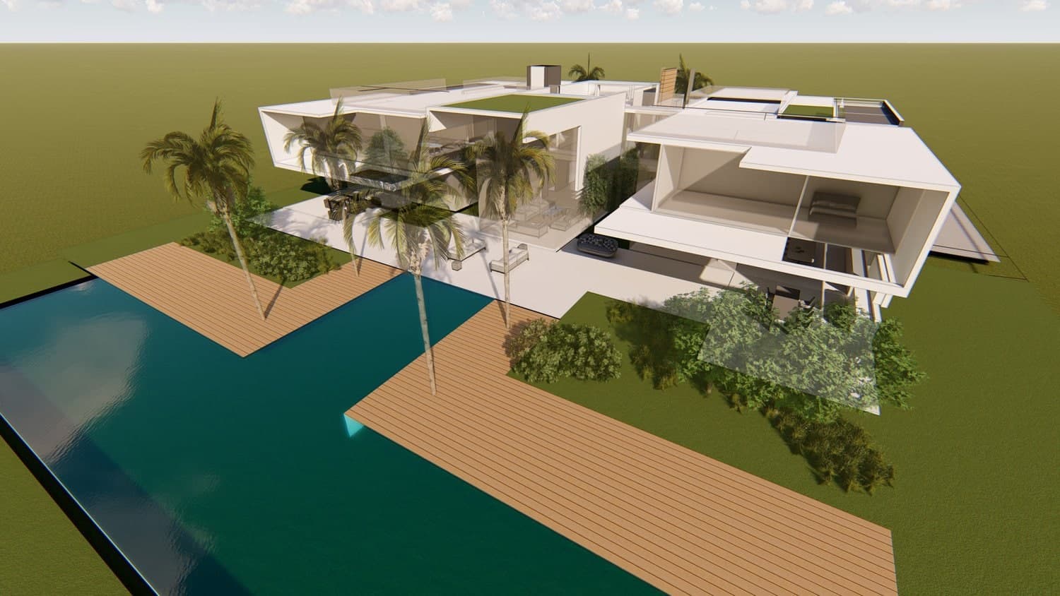 Visualisation: luxurious modern house with tropical landscaping, large windows, and an expansive water feature.