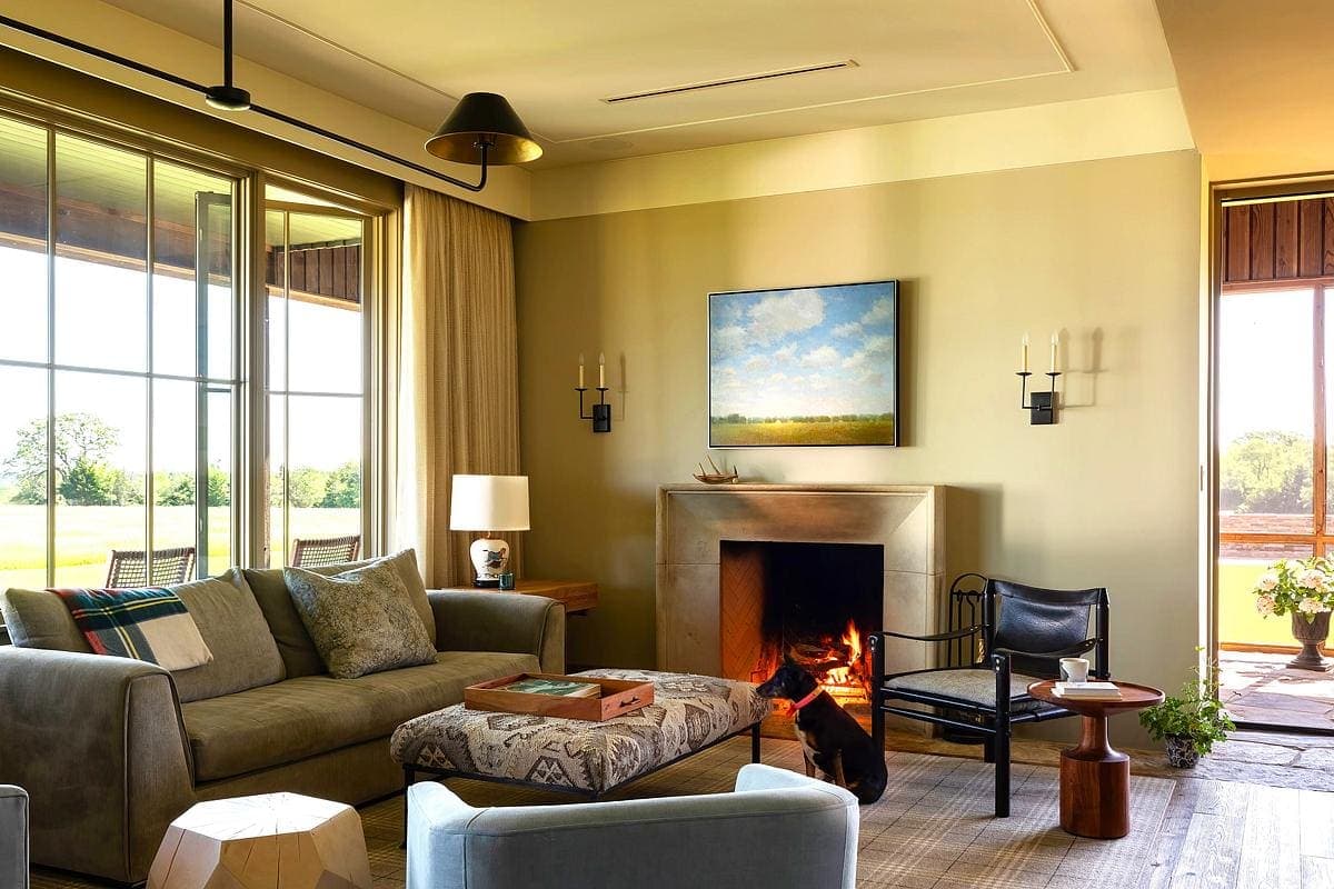 Inviting living room with a fireplace, stylish furnishings, and a dog resting on the floor.