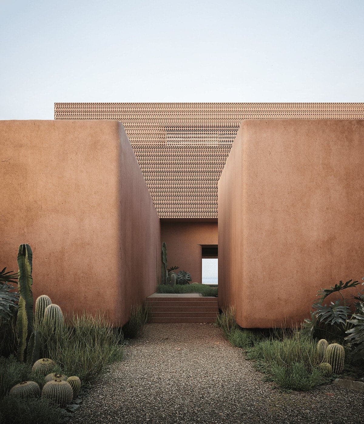 Visualisation: minimalist architecture with a serene pathway, blending seamlessly into a natural landscape.