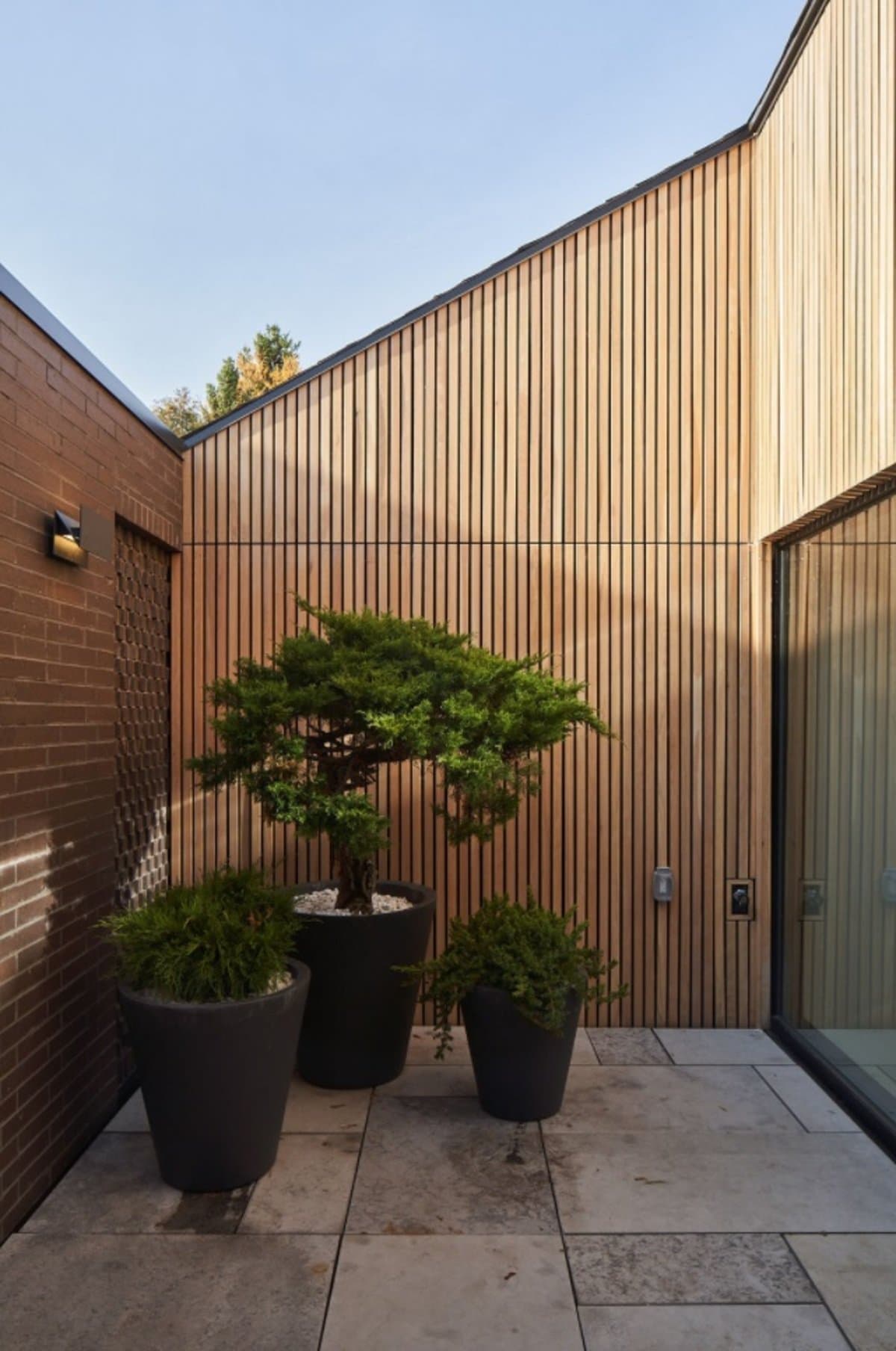 Modern courtyard with dark pots, green shrubs, wooden wall, glass window, and stone tiles.