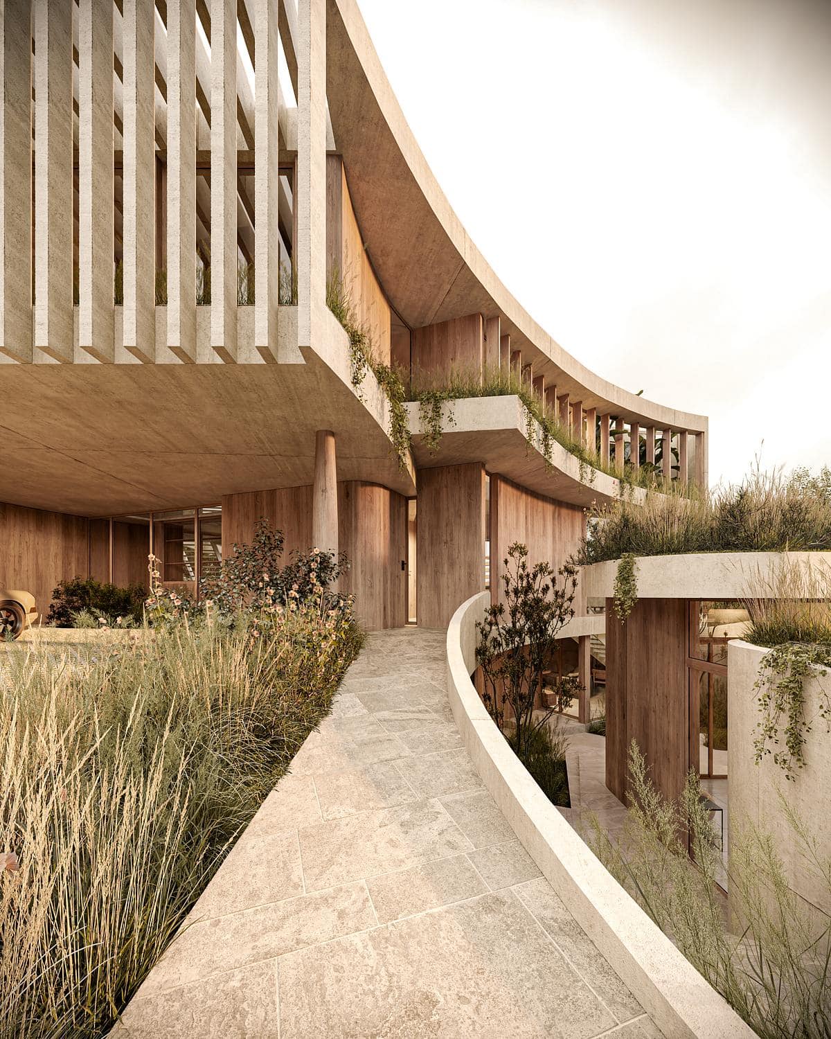 Visualisation: modern architecture harmoniously integrates flowing designs with natural landscapes for a sculptural effect.